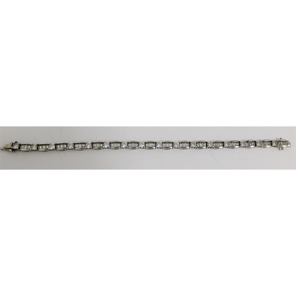 .925 Silver Round and Baguette Cubic Zirconia Tennis Bracelet 15.16g